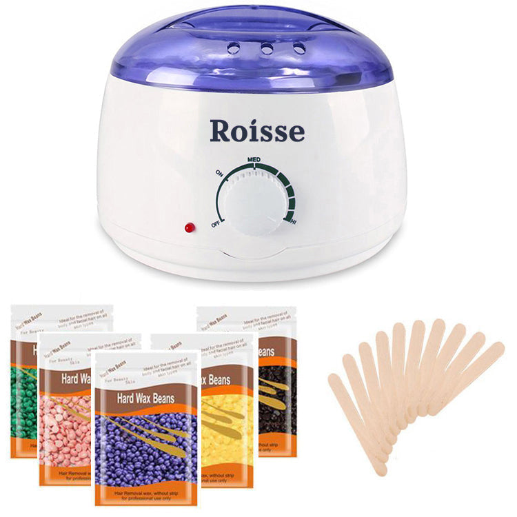 Roisse™ White Wax Warmer Hair Removal Kit with 5 pack Hard Wax Beans and 10 Wax Applicator Sticks